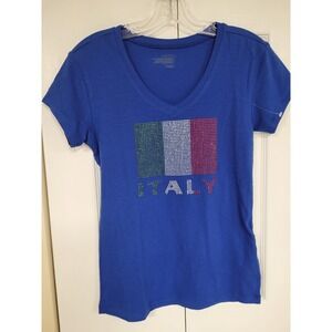 Italy T-Shirt Rhinestone Blue Axes 
Womens Jr Sz L